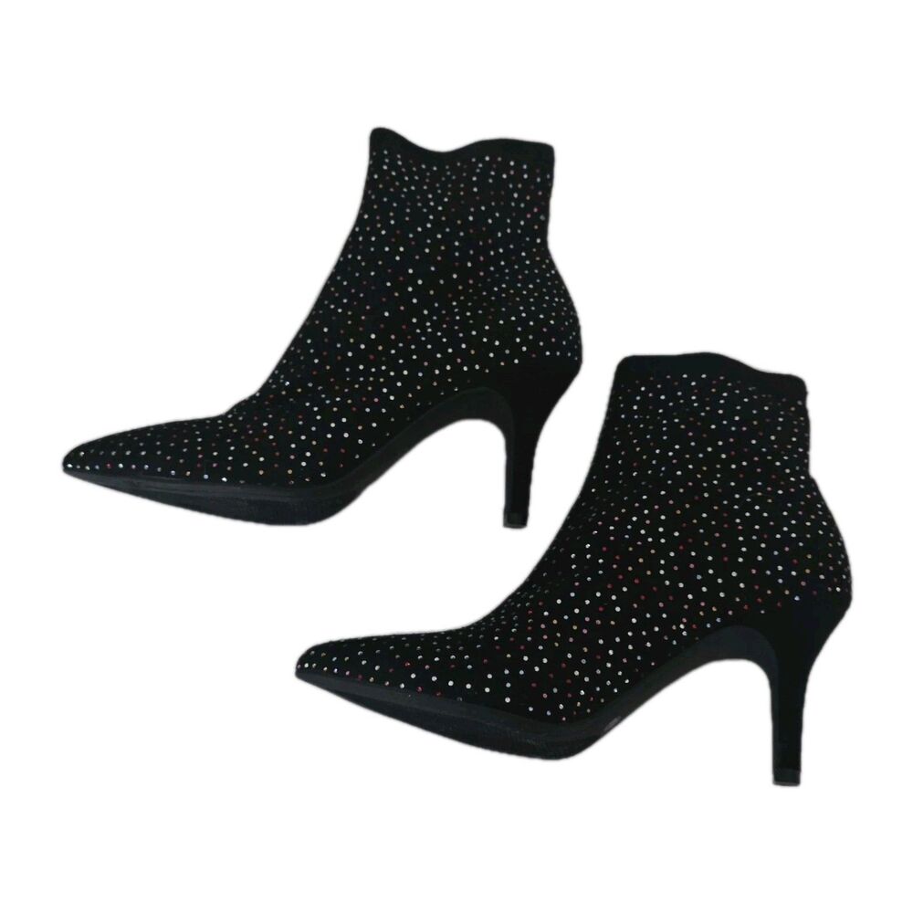INC International Concepts 7.5 Bray Sock Black Heel Booties W Red Rhinestones - Picture 6 of 14